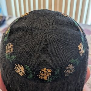 Black Kippah with Roses In Neutral Tones. Hand Crafted. Made In Israel. Jewish.